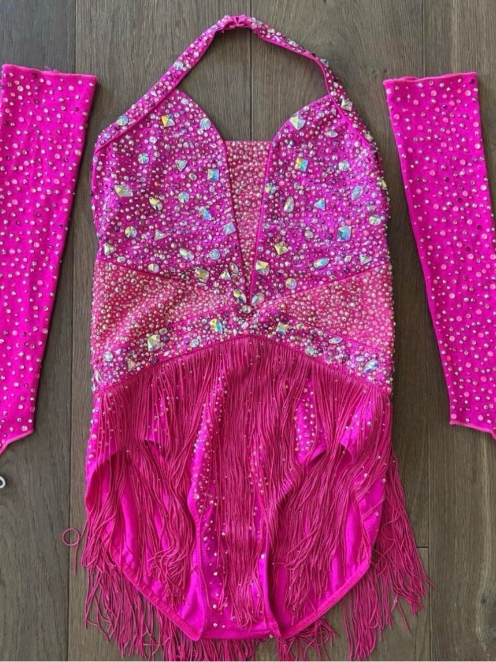 Hot Pink Sequin & Fringe Halter Dance Costume with Matching Arm Sleeves